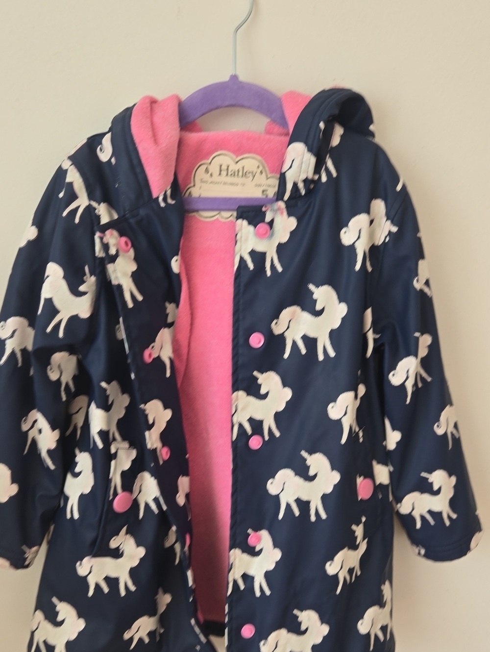 Hatley Navy Unicorn Raincoat with Pink Lining
